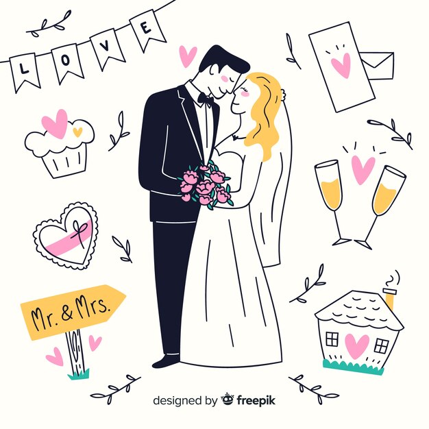 Pareja de novios de boda con adornos dibujado a mano