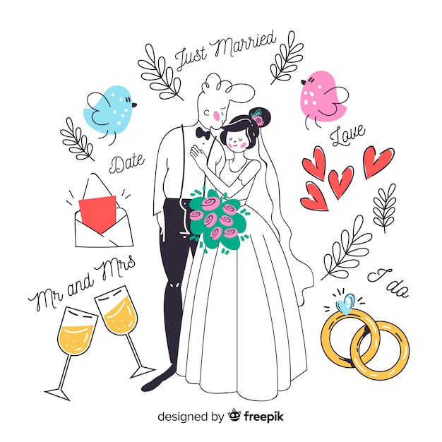 Pareja de novios de boda con adornos dibujado a mano
