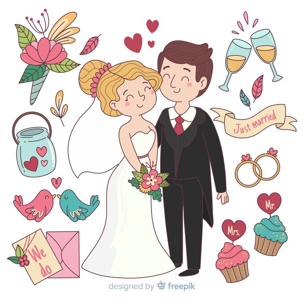 Pareja de novios de boda con adornos dibujado a mano