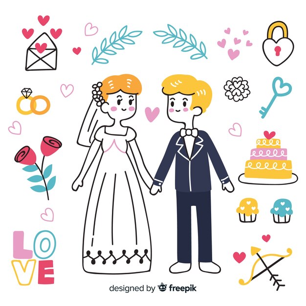 Pareja de novios de boda con adornos dibujados a mano