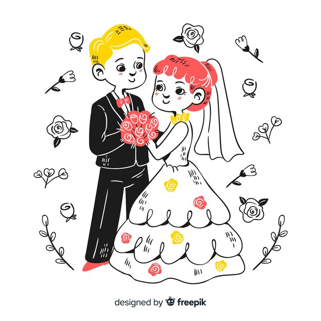 Pareja de novios de boda con adornos dibujados a mano