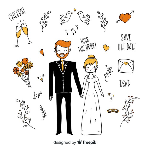 Pareja de novios de boda con adornos dibujados a mano