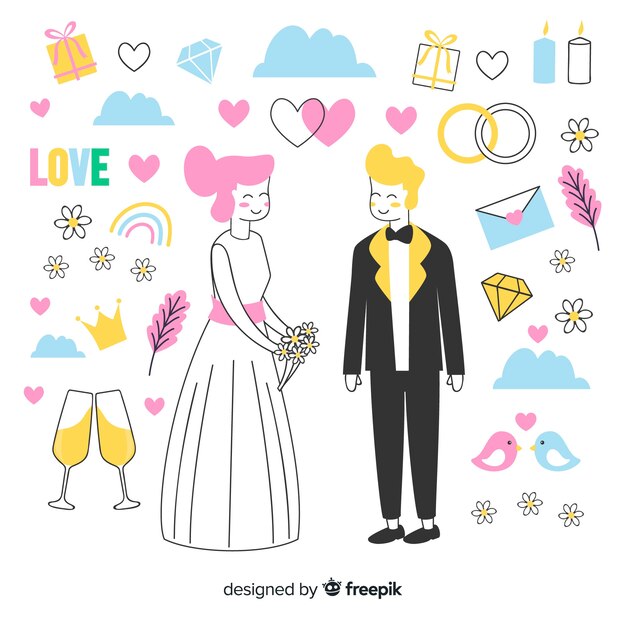 Pareja de novios de boda con adornos dibujados a mano