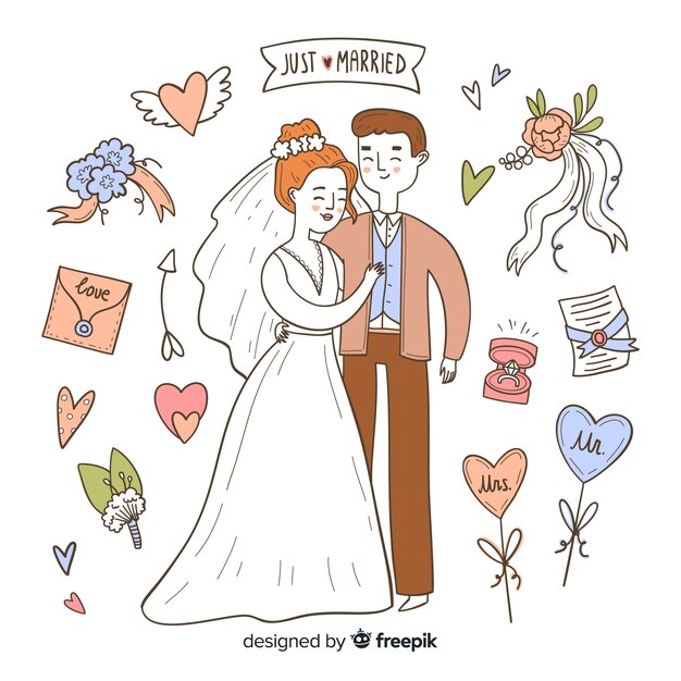 Pareja de novios de boda con adornos dibujados a mano