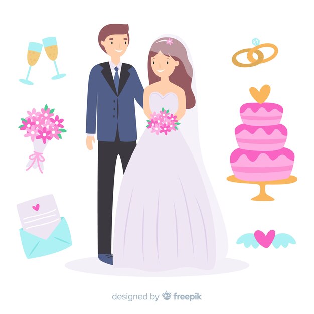 Pareja de novios de boda dibujados a mano con adornos
