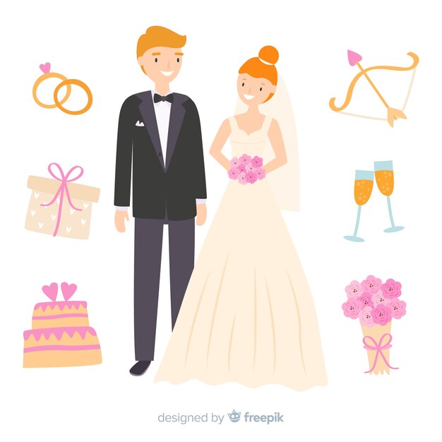 Pareja de novios de boda dibujados a mano con adornos