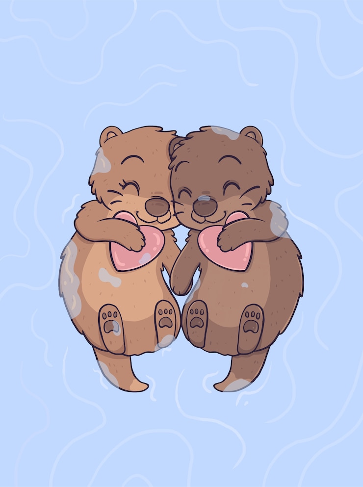Vector gratuito una pareja de nutrias enamoradas flotando y tomándose de la mano.