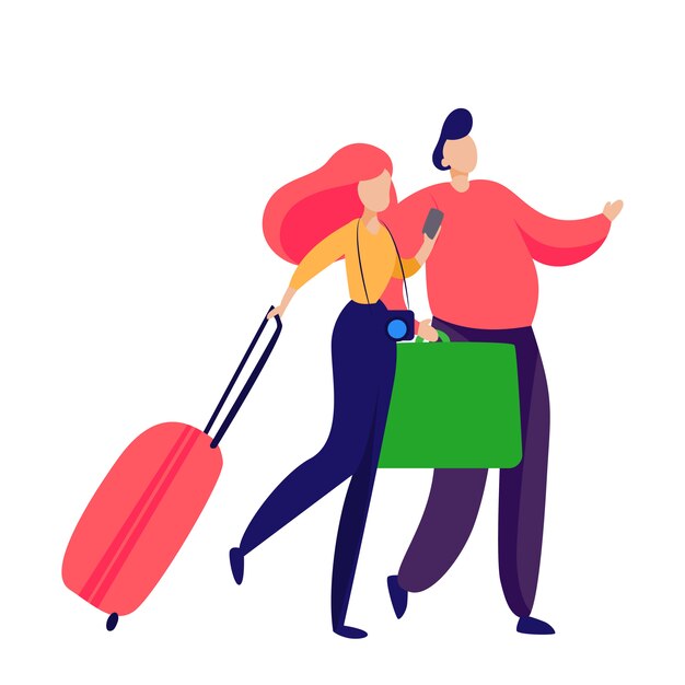 Pareja de pasajeros cargando maletas