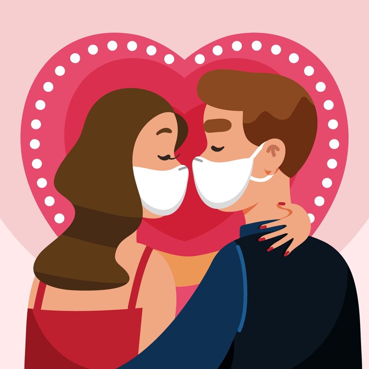 Vector gratuito pareja plana besándose con ilustración de máscara de covid
