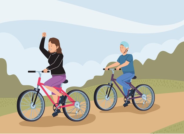 pareja practicando ciclismo en el campamento