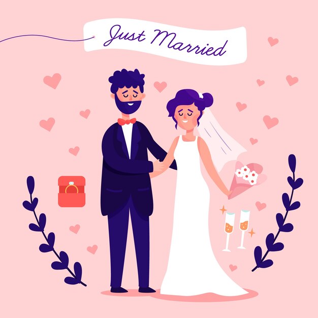 Pareja de recién casados en diseño plano