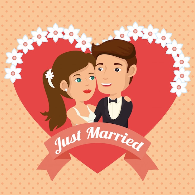 Vector gratuito pareja de recién casados con personajes de avatares de corazones