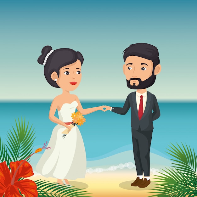 Pareja de recién casados en la playa