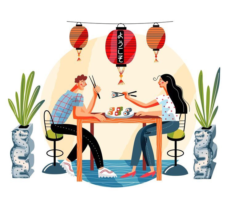 Vector gratuito pareja en el restaurante de sushi japonés joven y mujer sentados a la mesa comiendo en una cita romántica en el café cocina tradicional asiática diseño interior moderno
