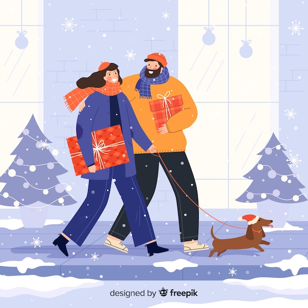 Vector gratuito pareja sacando a su perro en invierno