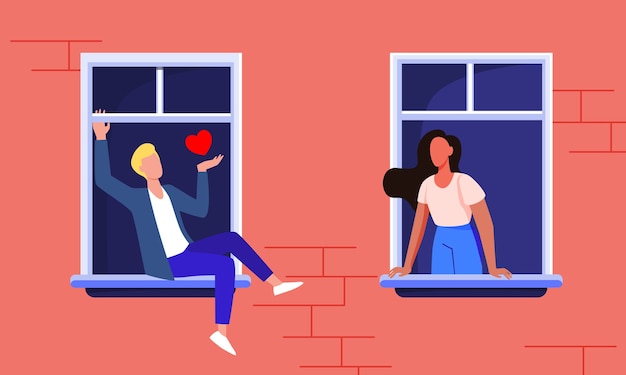 Vector gratuito pareja saliendo a través de las ventanas. vista de la fachada, vecino hombre y mujer que se quedan en casa y hablan ilustración vectorial plana. romance, cuarentena