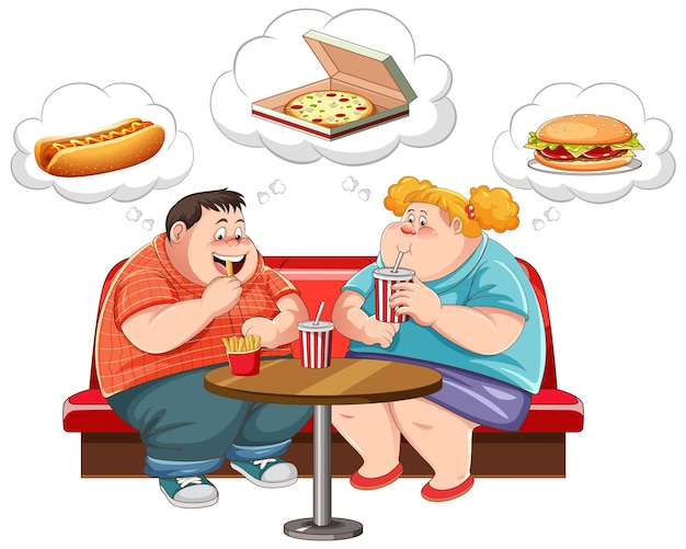 Vector gratuito pareja con sobrepeso pensando en comida rápida