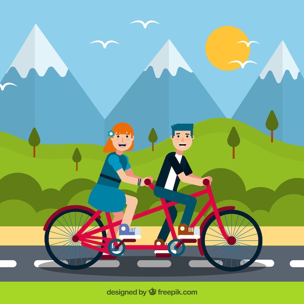 Vector gratuito pareja sonriente montando en bici con diseño plano