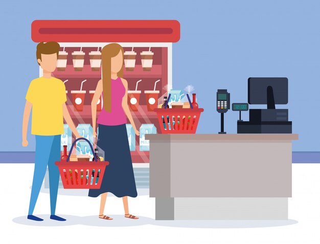 Pareja en supermercado supermercado con punto de venta