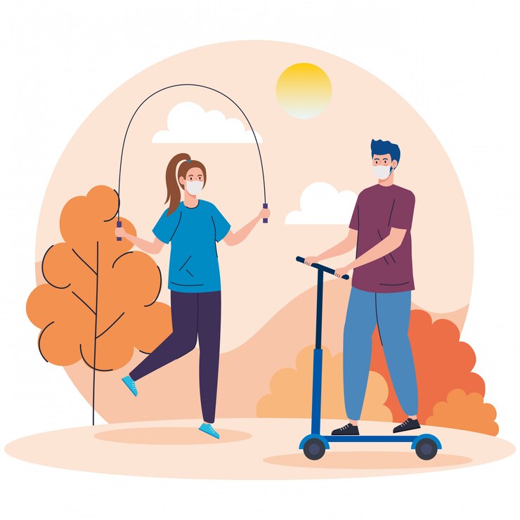 Vector gratuito pareja usando mascarilla practicando actividades en el paisaje