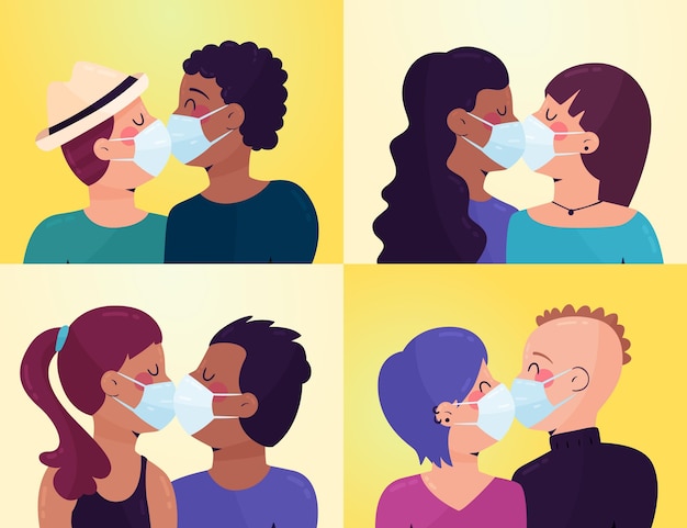 Vector gratuito parejas besándose con ilustración de máscara de covid