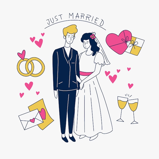 Parejas de boda dibujados a mano con signo de recién casados