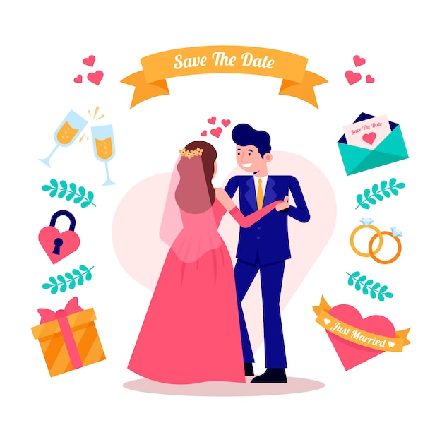 Parejas de boda en diseño plano