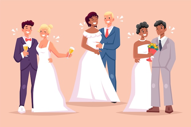 Vector gratuito parejas de boda en diseño plano