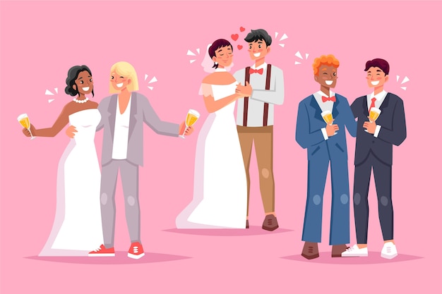 Parejas de boda en diseño plano