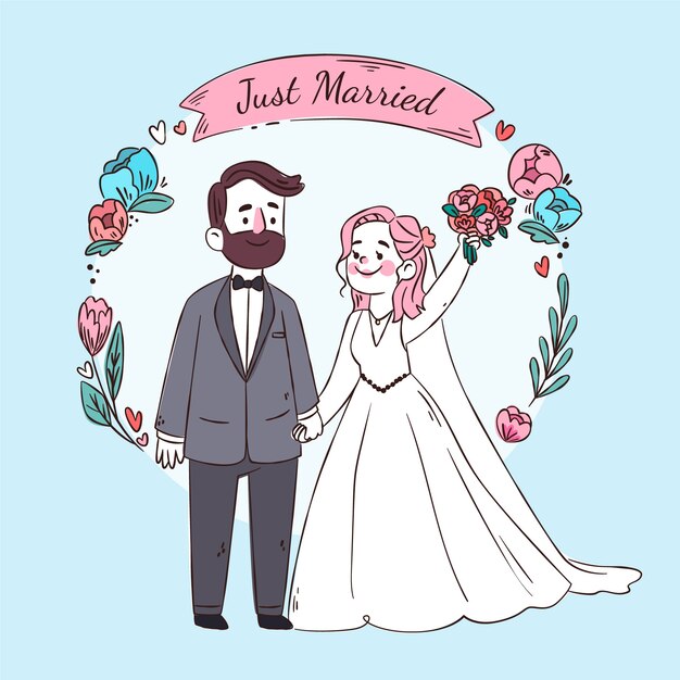 Parejas de boda en diseño plano