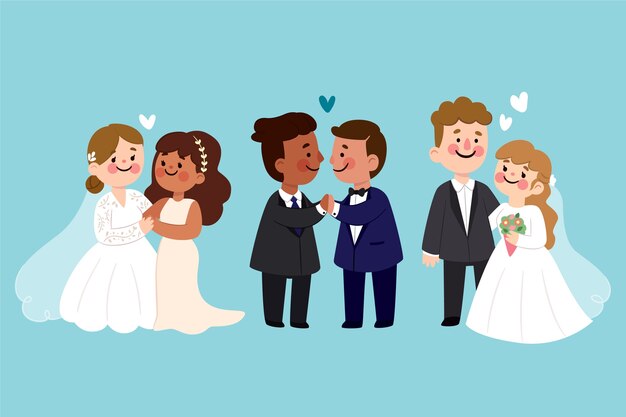 Parejas de boda en diseño plano