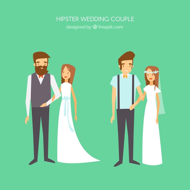 Vector gratuito parejas de boda hipsters en diseño plano