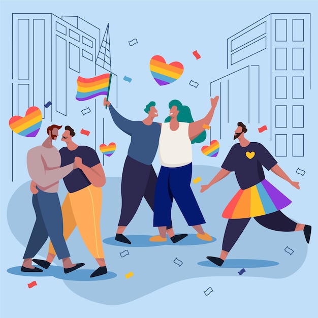 Parejas en la ciudad celebrando el día del orgullo