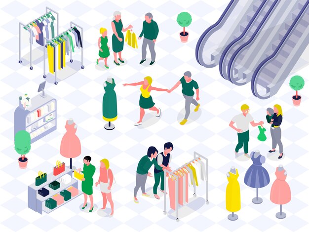 Parejas familiares con niños durante las compras en el departamento de ropa y cosméticos del centro comercial ilustración vectorial isométrica horizontal
