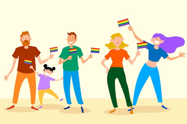 Parejas y familias celebrando el día del orgullo