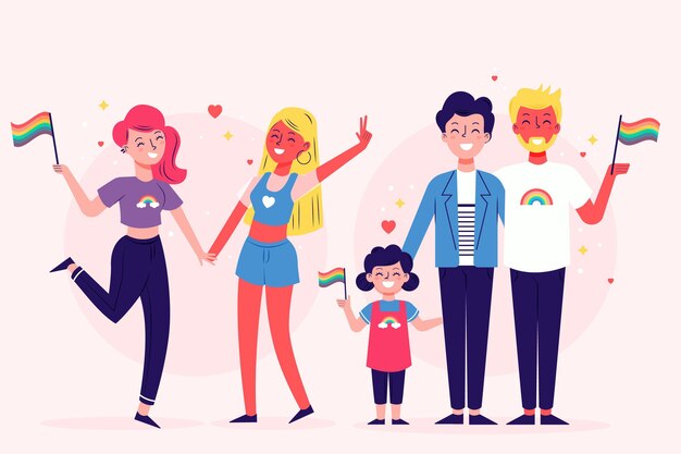 Parejas y familias celebrando el día del orgullo