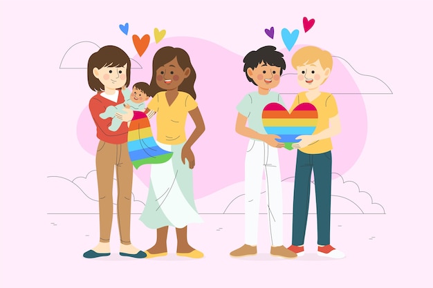 Vector gratuito parejas y familias celebrando el día del orgullo