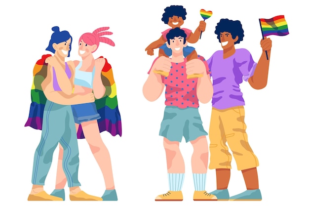 Vector gratuito parejas y familias celebrando el tema del día del orgullo