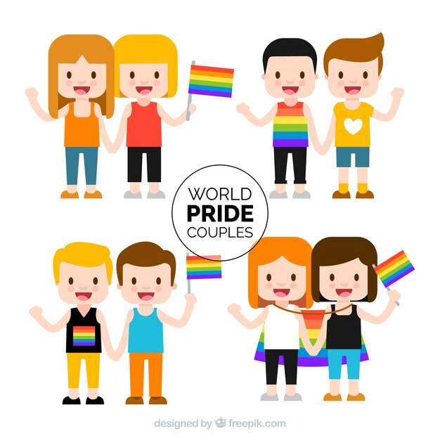 Parejas felices con banderas del orgullo gay 