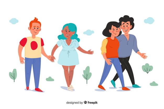 Parejas jóvenes caminando juntas