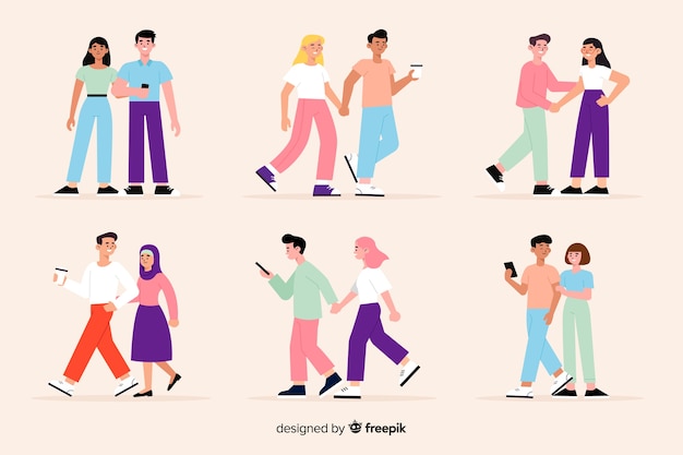 Vector gratuito parejas jóvenes caminando juntas