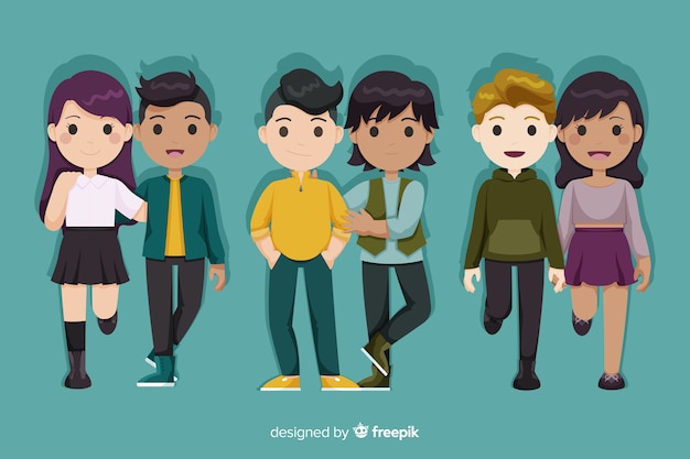 Vector gratuito parejas jóvenes caminando juntos dibujos animados