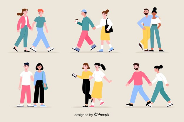 Parejas jóvenes caminando juntos ilustración