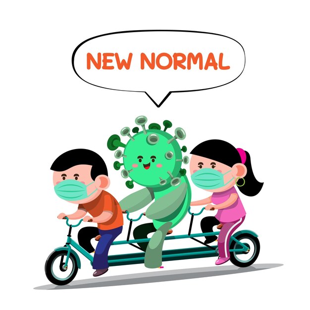 Las parejas van a la ciudad a hacer ejercicio en bicicletas multiplaza usando reglas de distanciamiento social Concepto de distanciamiento social para prevenir el coronavirus covid19 Personajes de dibujos animados Ilustración plana