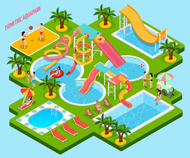 Parque acuático Aquapark composición isométrica