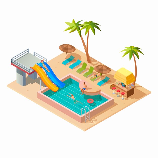 Parque acuático isométrico con toboganes y piscina.