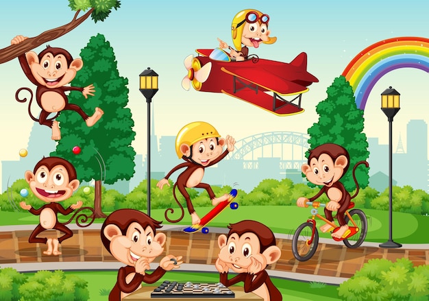 Parque al aire libre con muchos monos que realizan diferentes actividades.