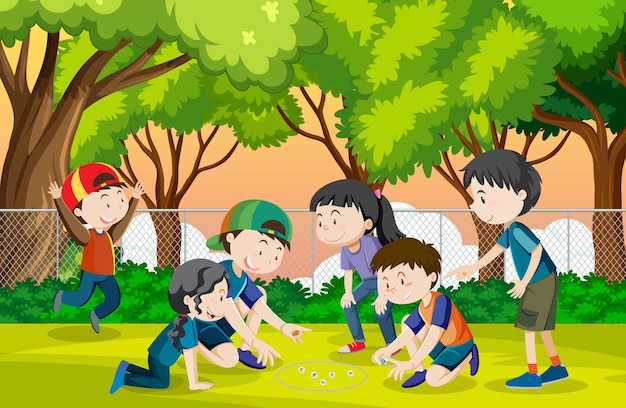 Parque al aire libre con niños jugando a las canicas