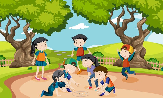 Parque al aire libre con niños jugando a las canicas
