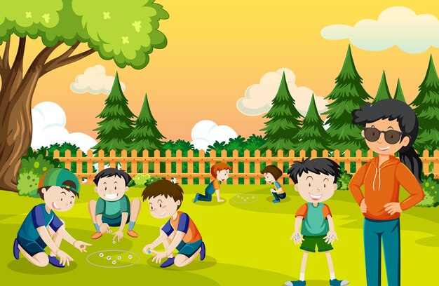 Parque al aire libre con niños jugando a las canicas